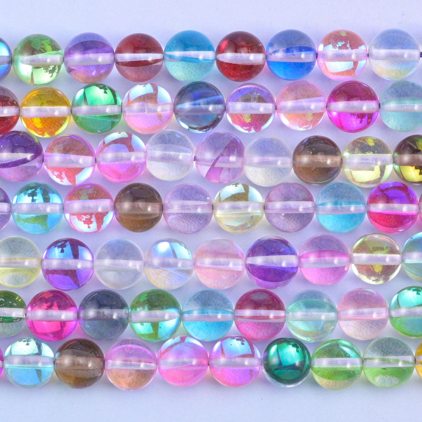 Rainbow Aura Round Glass Beads: Iridescent Jewelry Making Supply, 15 Inch Strand