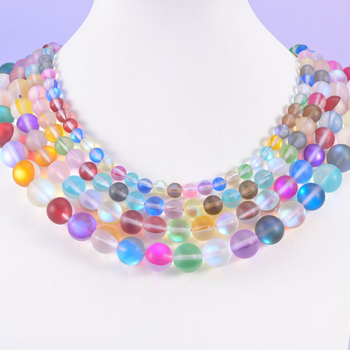 Matte Rainbow Aura Round Glass Beads: Iridescent Jewelry Making Supply, 15 Inch Strand