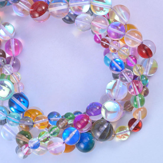 Rainbow Aura Round Glass Beads: Iridescent Jewelry Making Supply, 15 Inch Strand