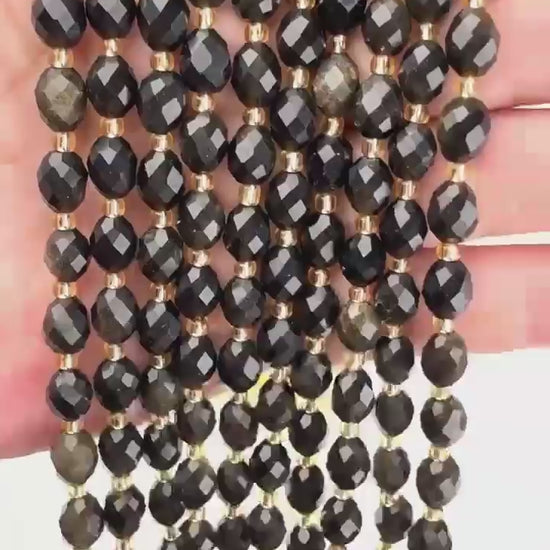 Gold Obsidian Faceted Rice Barrel Beads