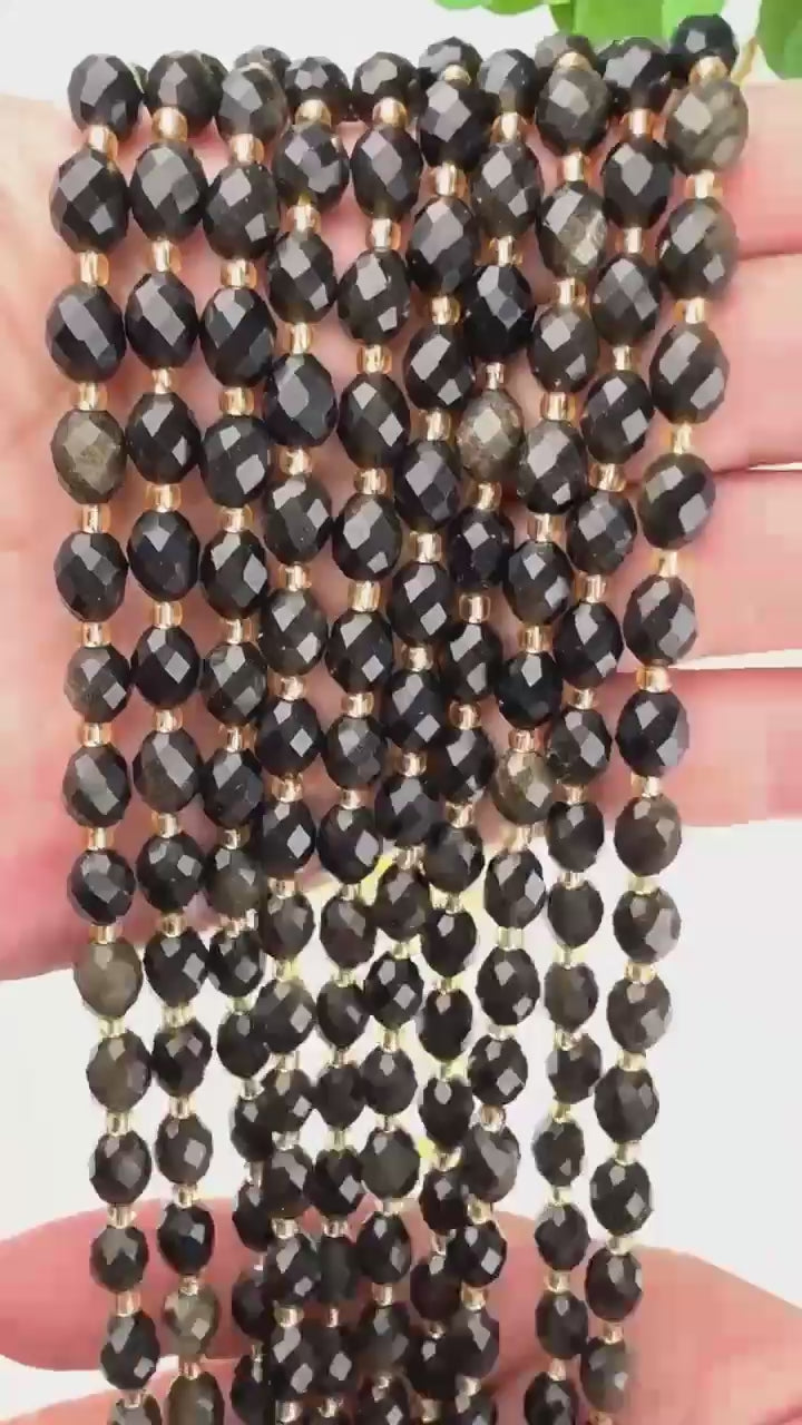 Gold Obsidian Faceted Rice Barrel Beads