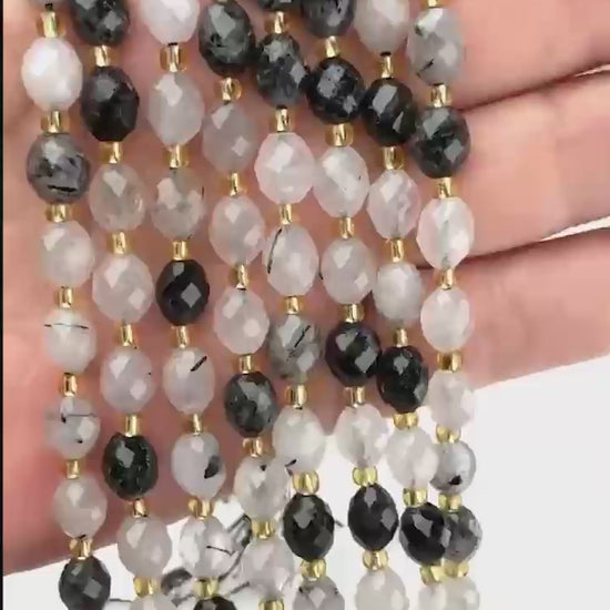 Black Rutilated Quartz Rice Barrel Beads