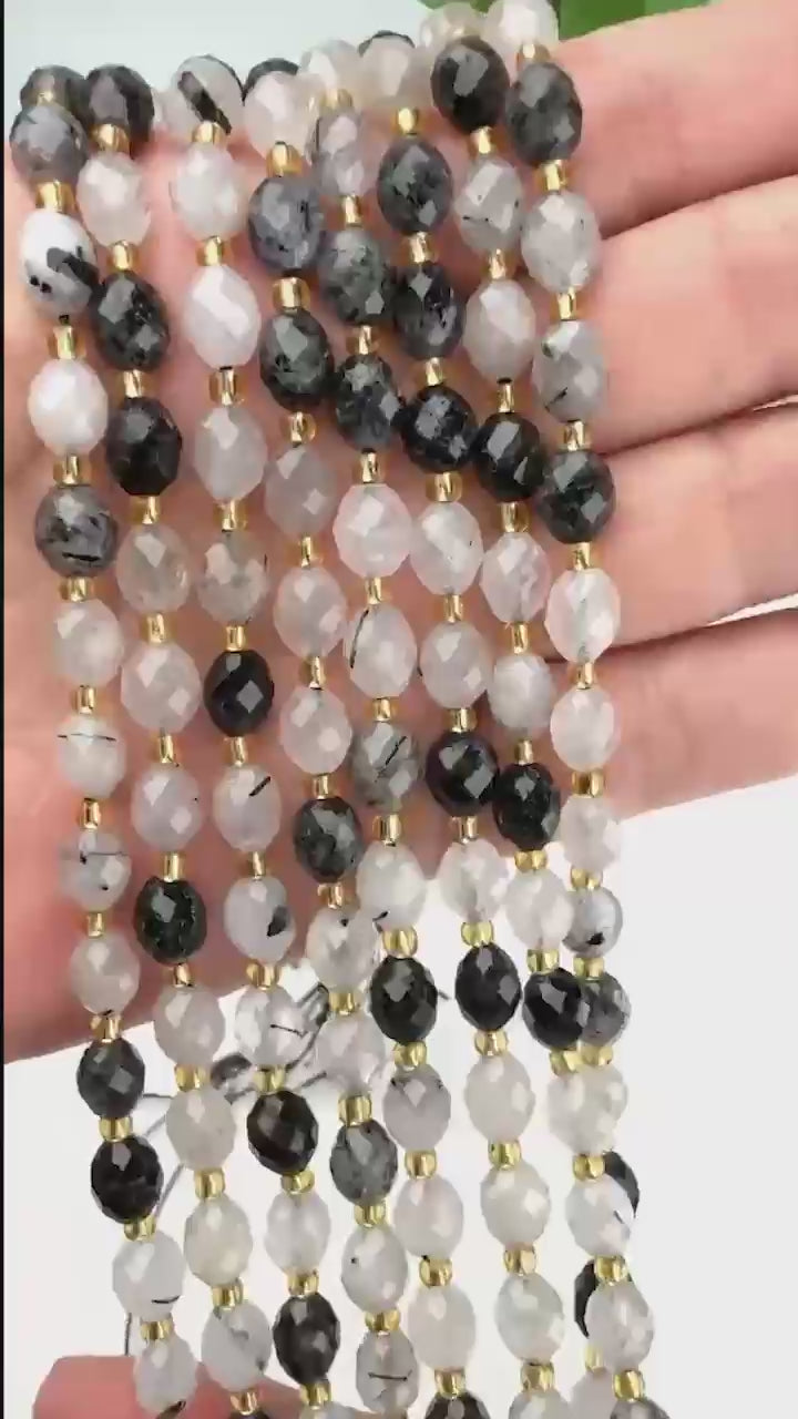 Black Rutilated Quartz Rice Barrel Beads