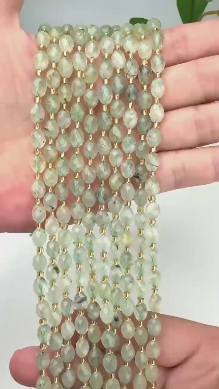 Light Green Prehnite Faceted Rice Barrel Beads 
