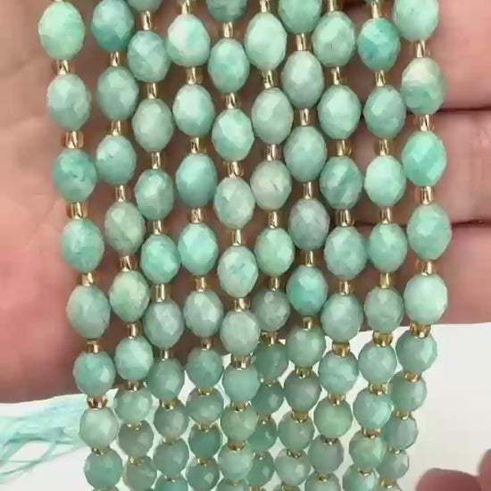 Green Amazonite Faceted Rice Barrel Beads