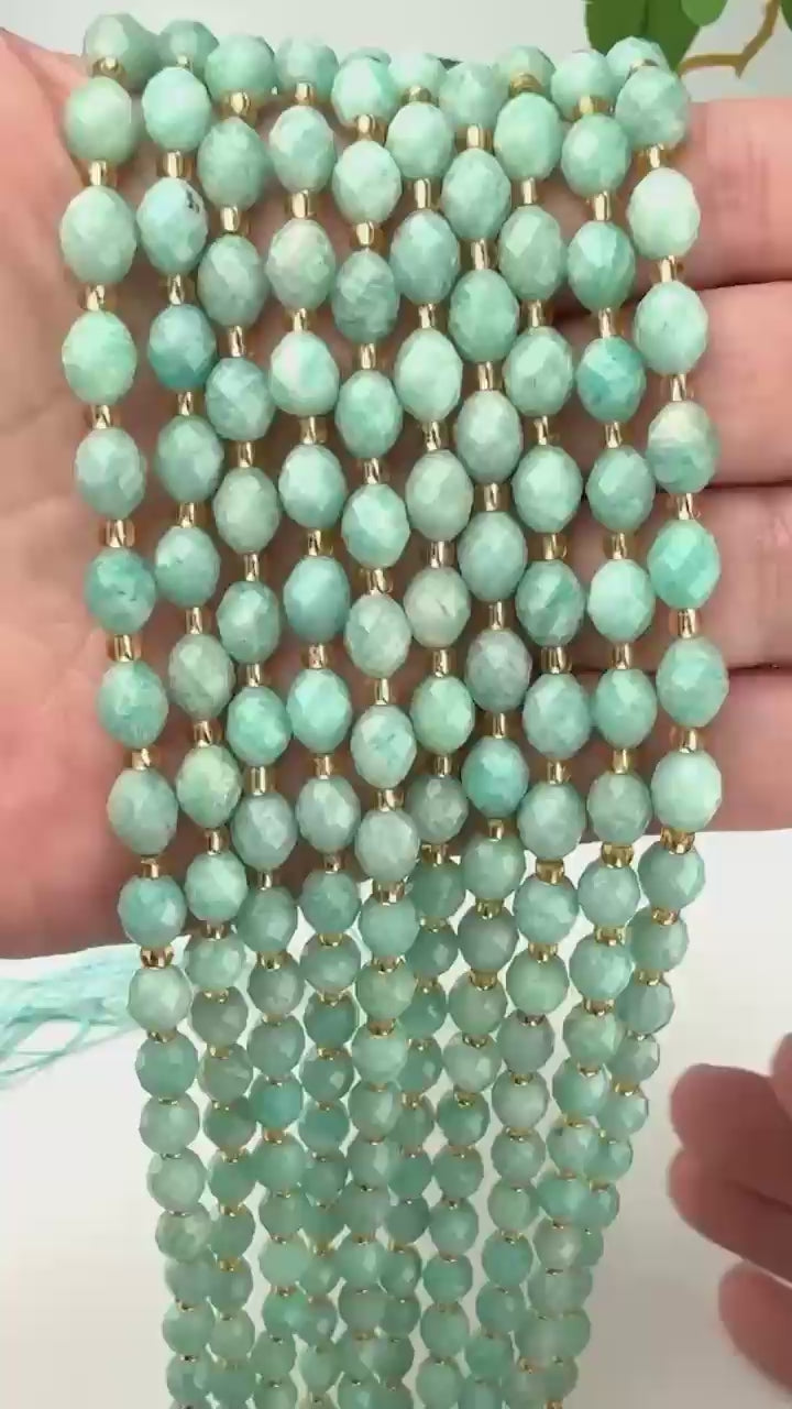 Green Amazonite Faceted Rice Barrel Beads