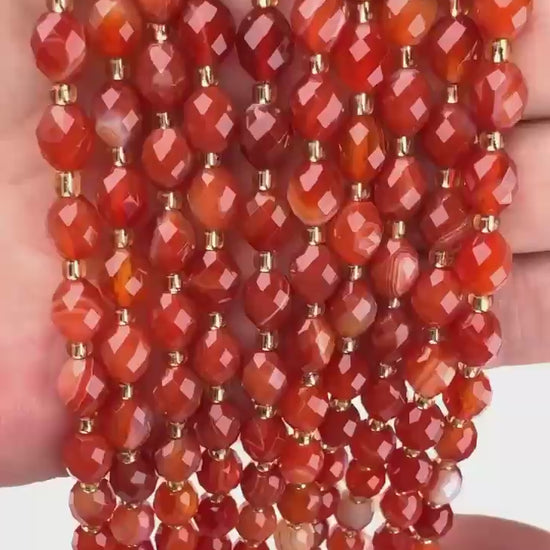 Dyed Red Strip Agate Faceted Rice Barrel Beads