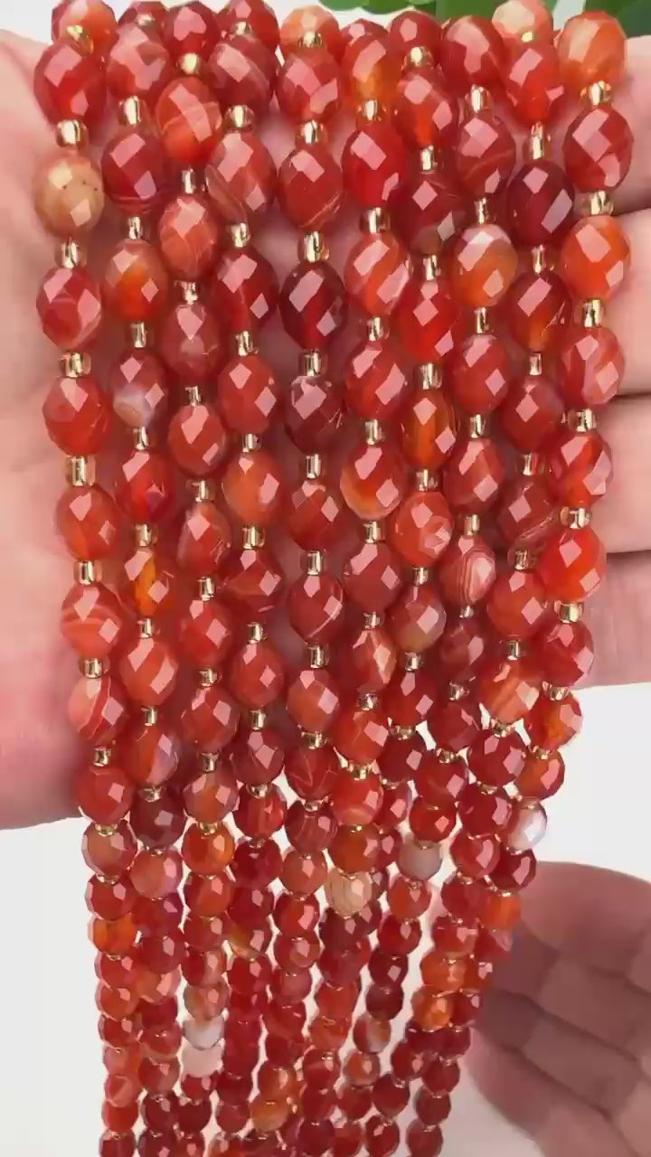 Dyed Red Strip Agate Faceted Rice Barrel Beads