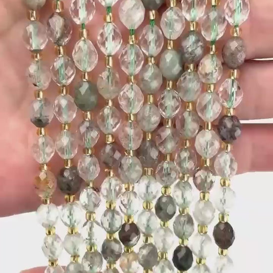 Green Phantom Quartz Faceted Rice Barrel Beads