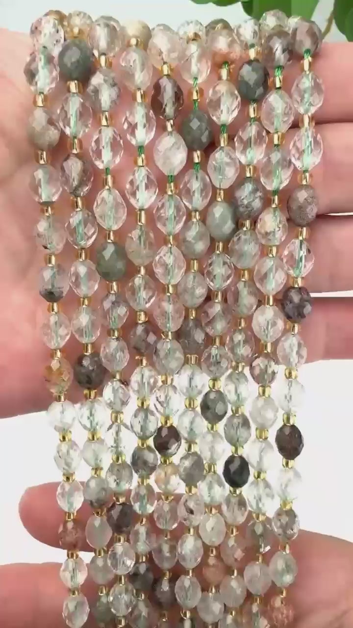 Green Phantom Quartz Faceted Rice Barrel Beads