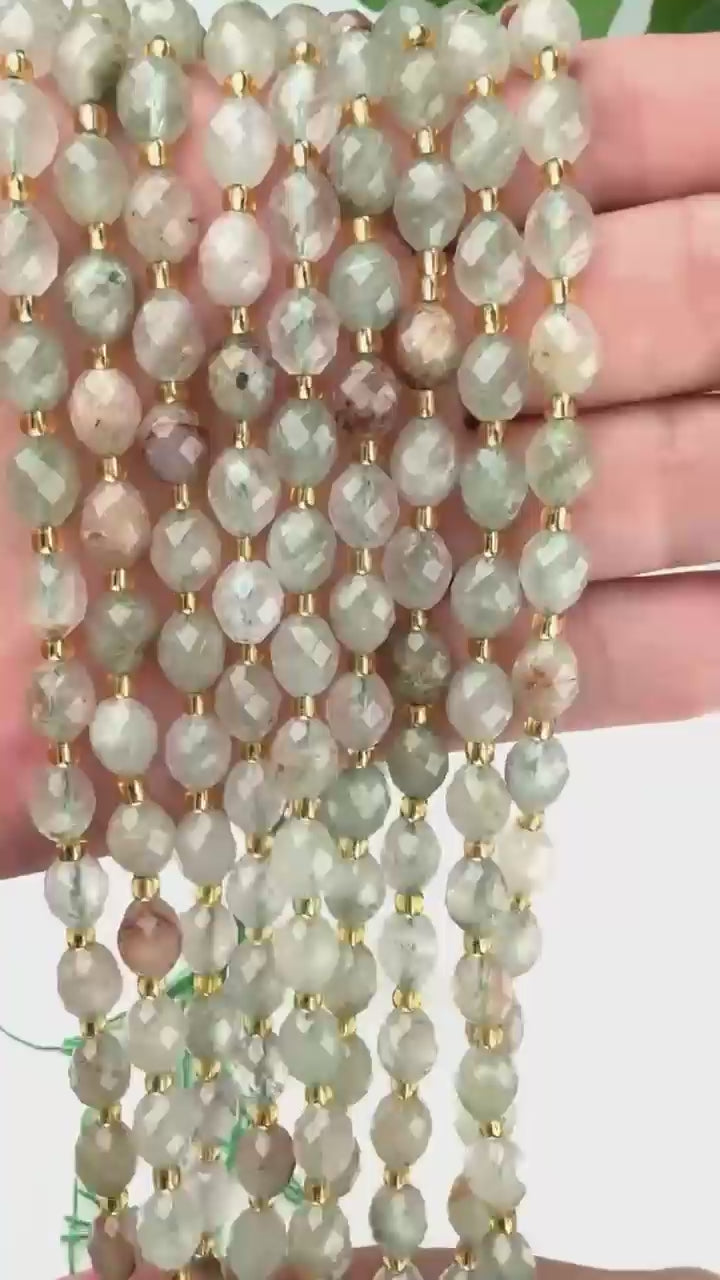 Green Rutilated Quartz Faceted Rice Barrel Beads