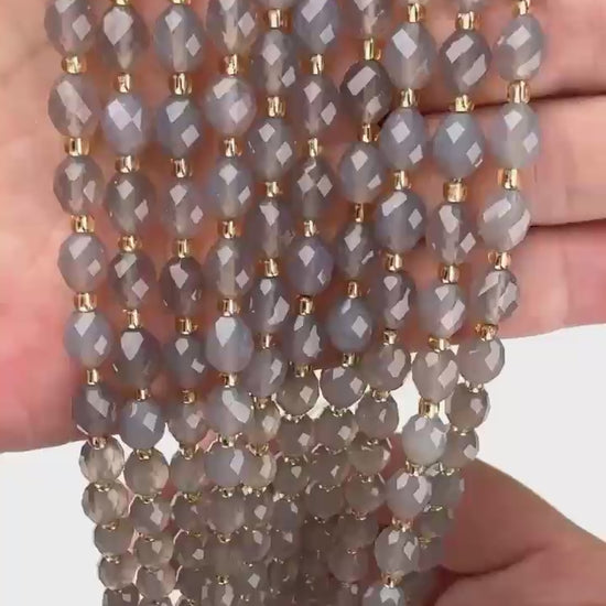 Gray Agate Faceted Rice Barrel Beads