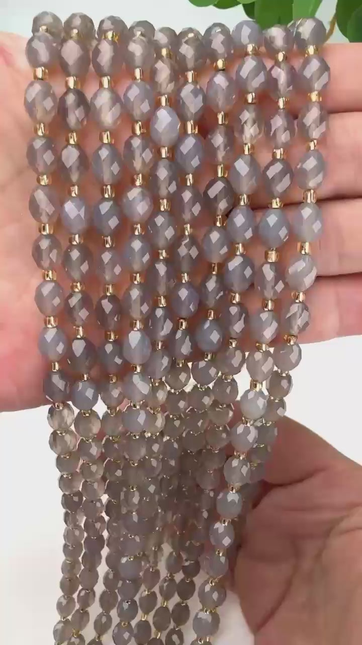 Gray Agate Faceted Rice Barrel Beads