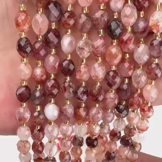 Red Hematoid Faceted Rice Barrel Beads