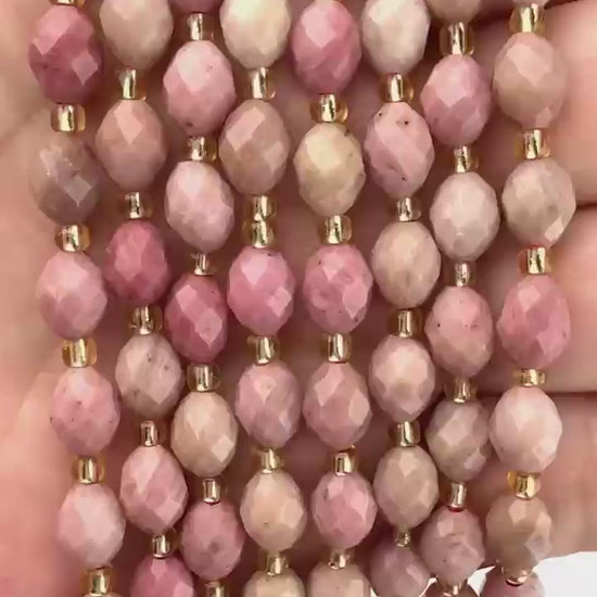 Pink Rhodonite Faceted Rice Barrel Beads