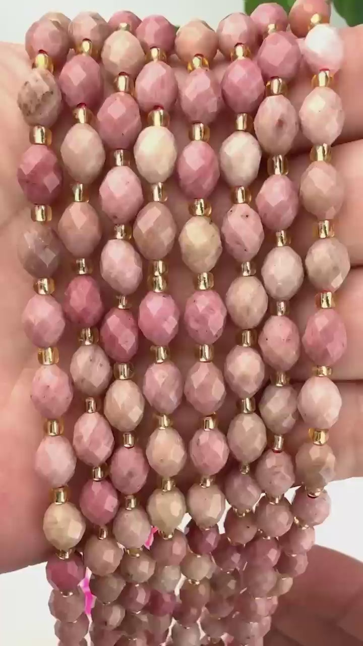 Pink Rhodonite Faceted Rice Barrel Beads