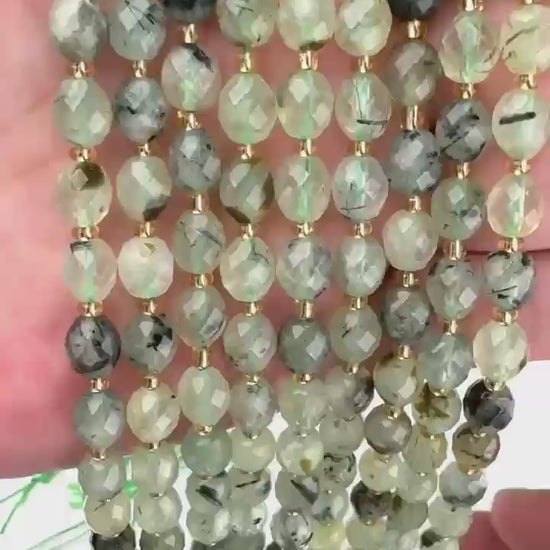Prehnite Faceted Rice Barrel Beads