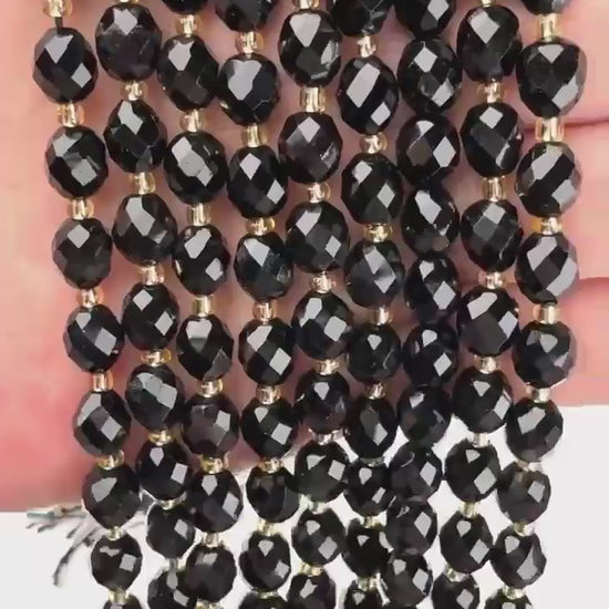 Black Obsidian Faceted Rice Barrel Beads