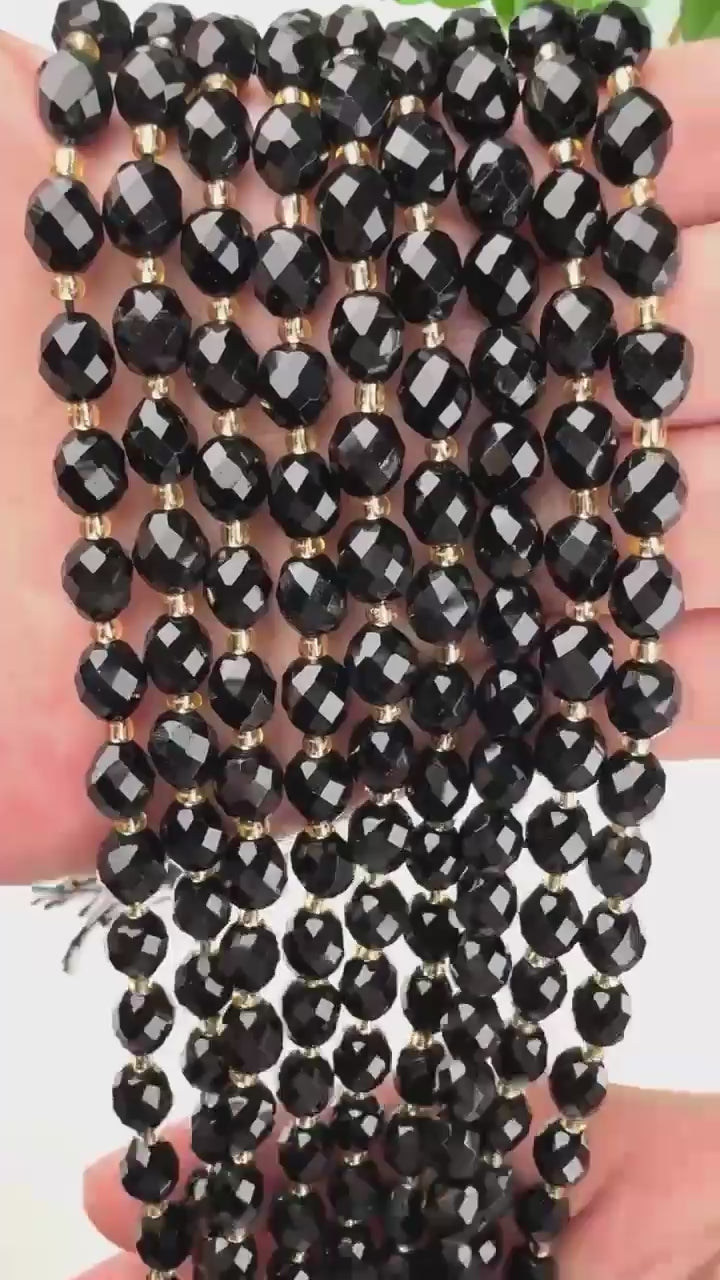 Black Obsidian Faceted Rice Barrel Beads